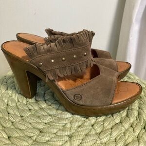 Born Brown Suede Fringe Boho Slip On Clog Heel Sandals
